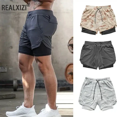 Mens Gym Sports Shorts Jogging Running Breathable Fitness Exercise Double Layer Shirt Hidden-Pocket Casual Camouflage Shorts 1