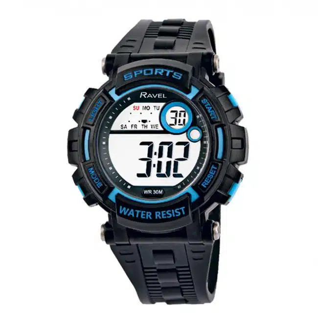 Ravel Mens 3ATM Digital Sports Black/Blue Watch RDG.14.4 - Image 1